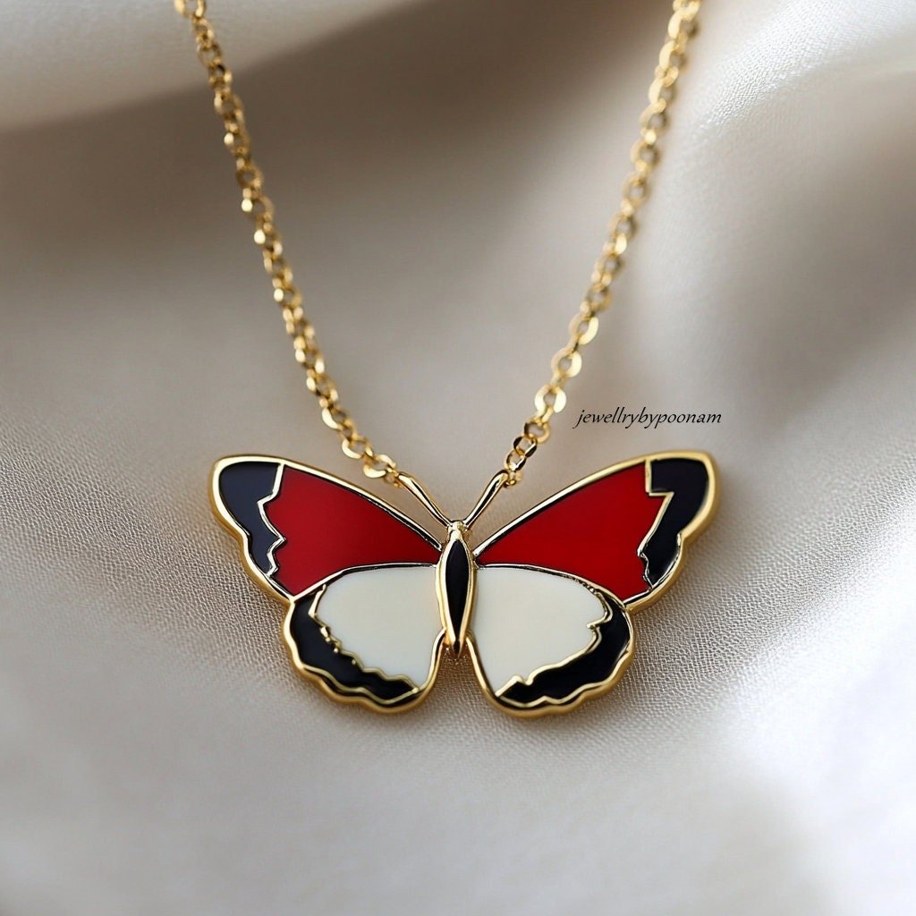 Sterling Silver Enamel Butterfly Pendant: Red, White & Black - Jewelry By Poonam | SKU: PJN3747- Sterling Silver Enamel Butterfly Pendant: Red, White & Black - Jewelry By Poonam | SKU: PJN3747-