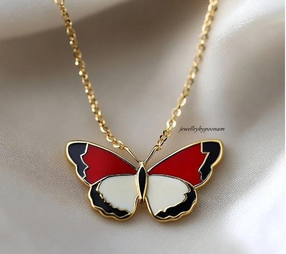 Sterling Silver Enamel Butterfly Pendant: Red, White & Black - View 2 - Jewelry By Poonam | SKU: PJN3747- Sterling Silver Enamel Butterfly Pendant: Red, White & Black - View 2 - Jewelry By Poonam | SKU: PJN3747-