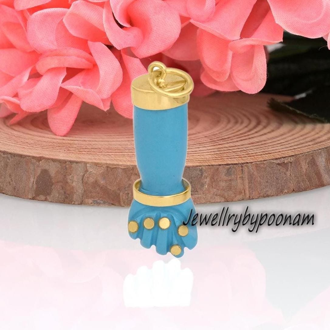 Sterling Silver Figa Hand Pendant: Yellow Gold Turquoise Enamel - View 2 - Jewelry By Poonam | SKU: PJP3441-SLYGTQELGD-35M 2/ Sterling Silver Figa Hand Pendant: Yellow Gold Turquoise Enamel - View 2 - Jewelry By Poonam | SKU: PJP3441-SLYGTQELGD-35M 2/