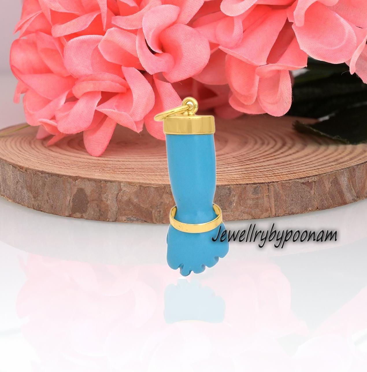 Sterling Silver Figa Hand Pendant: Yellow Gold Turquoise Enamel - View 3 - Jewelry By Poonam | SKU: PJP3441-SLYGTQELGD-35M 2/ Sterling Silver Figa Hand Pendant: Yellow Gold Turquoise Enamel - View 3 - Jewelry By Poonam | SKU: PJP3441-SLYGTQELGD-35M 2/
