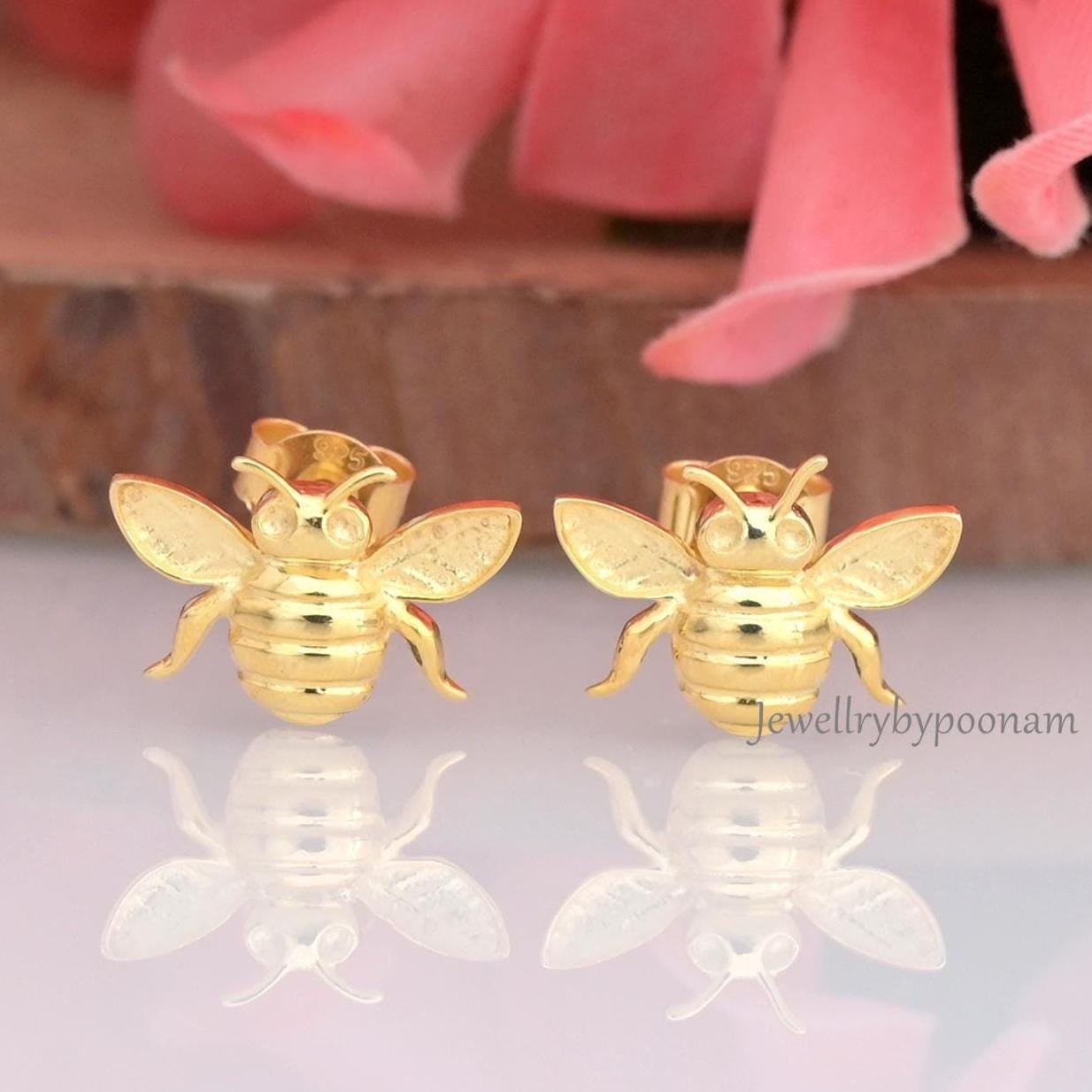 Sterling Silver Gold-Plated Honey Bee Stud Earrings, Tiny Nature Jewelry (10MM) - Jewelry By Poonam | SKU: PJE1727-SLYG-10MM, Sterling Silver Gold-Plated Honey Bee Stud Earrings, Tiny Nature Jewelry (10MM) - Jewelry By Poonam | SKU: PJE1727-SLYG-10MM,