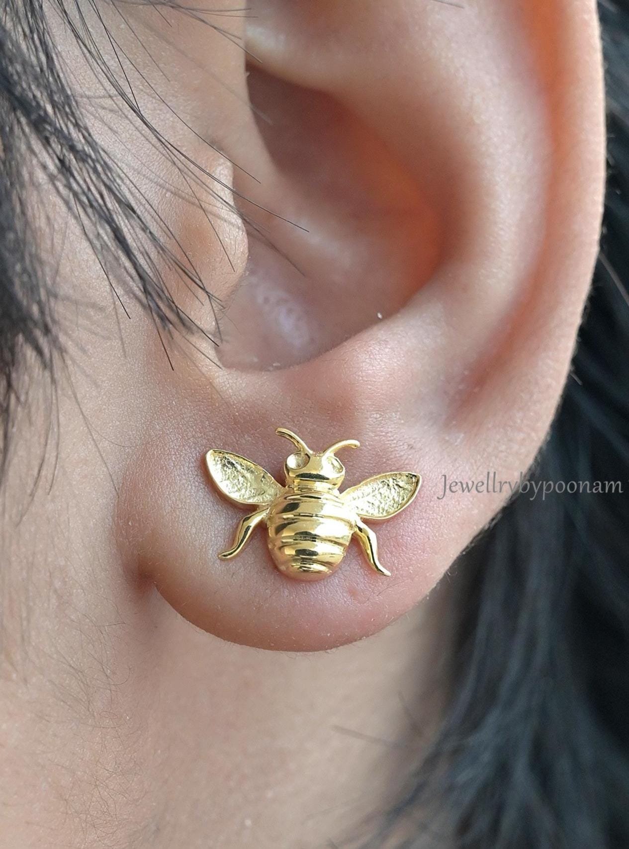 Sterling Silver Gold-Plated Honey Bee Stud Earrings, Tiny Nature Jewelry (10MM) - View 2 - Jewelry By Poonam | SKU: PJE1727-S Sterling Silver Gold-Plated Honey Bee Stud Earrings, Tiny Nature Jewelry (10MM) - View 2 - Jewelry By Poonam | SKU: PJE1727-S
