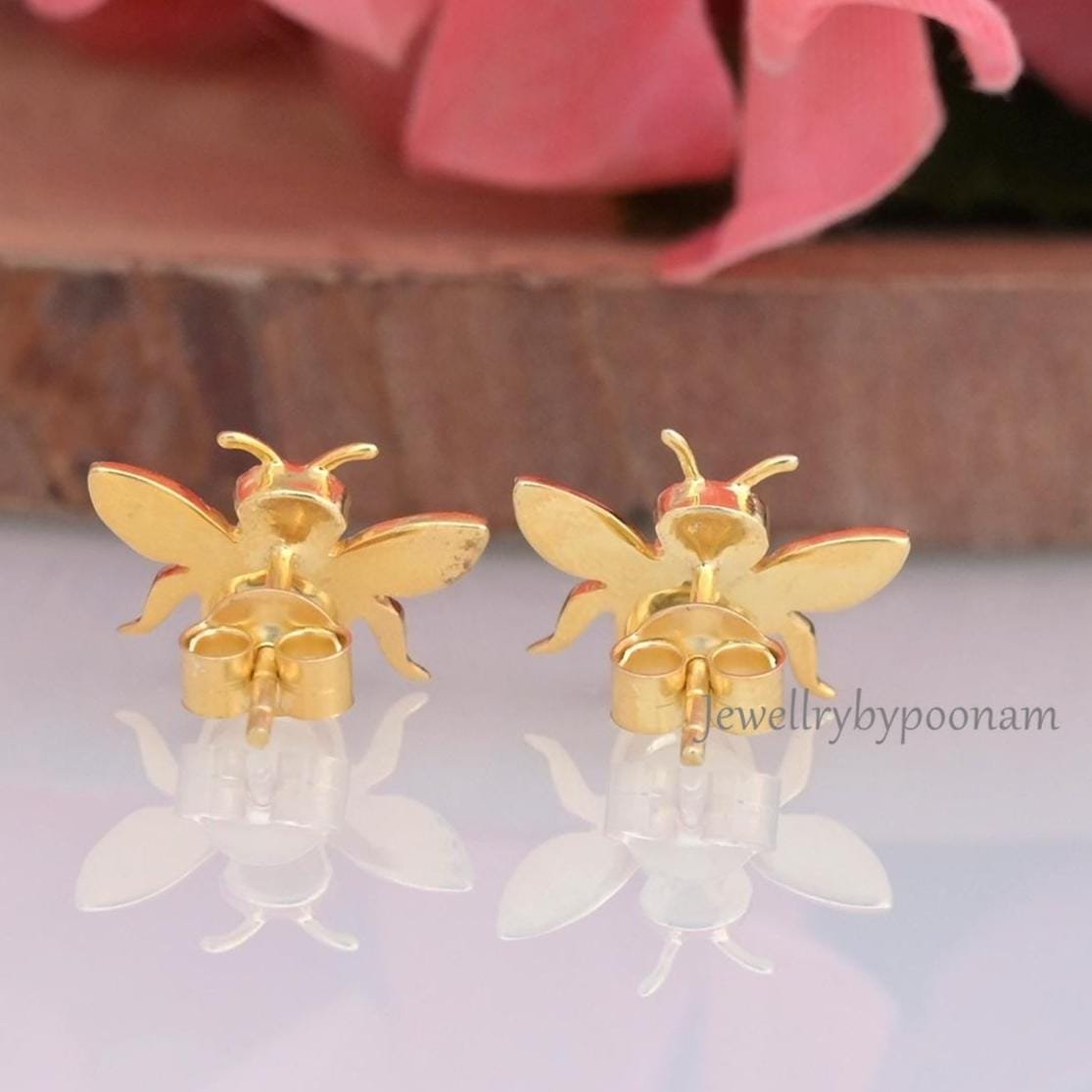 Sterling Silver Gold-Plated Honey Bee Stud Earrings, Tiny Nature Jewelry (10MM) - View 3 - Jewelry By Poonam | SKU: PJE1727-S Sterling Silver Gold-Plated Honey Bee Stud Earrings, Tiny Nature Jewelry (10MM) - View 3 - Jewelry By Poonam | SKU: PJE1727-S