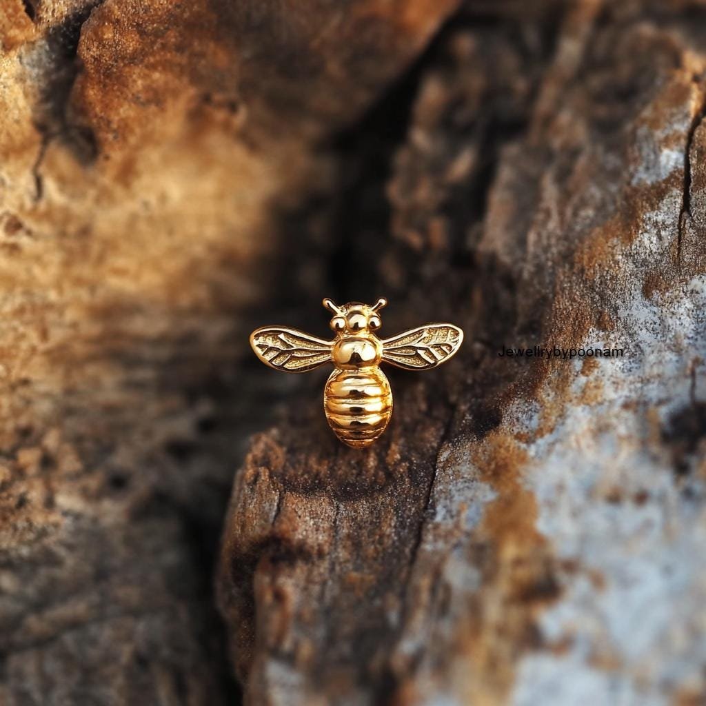 Sterling Silver Gold-Plated Honey Bee Stud Earrings, Tiny Nature Jewelry (10MM) - View 4 - Jewelry By Poonam | SKU: PJE1727-S Sterling Silver Gold-Plated Honey Bee Stud Earrings, Tiny Nature Jewelry (10MM) - View 4 - Jewelry By Poonam | SKU: PJE1727-S