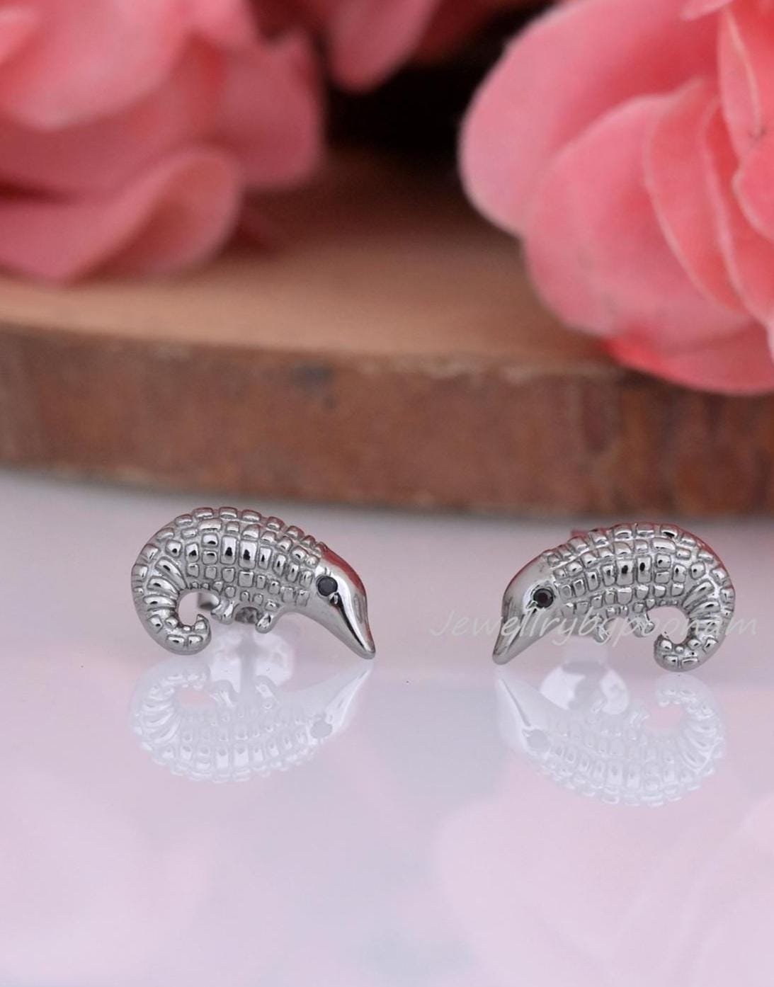 Sterling Silver Pangolin Stud Earrings, Dainty Wildlife Animal Jewelry - Jewelry By Poonam | SKU: PJE1714-SLRHBS-10M 2/26 Sterling Silver Pangolin Stud Earrings, Dainty Wildlife Animal Jewelry - Jewelry By Poonam | SKU: PJE1714-SLRHBS-10M 2/26