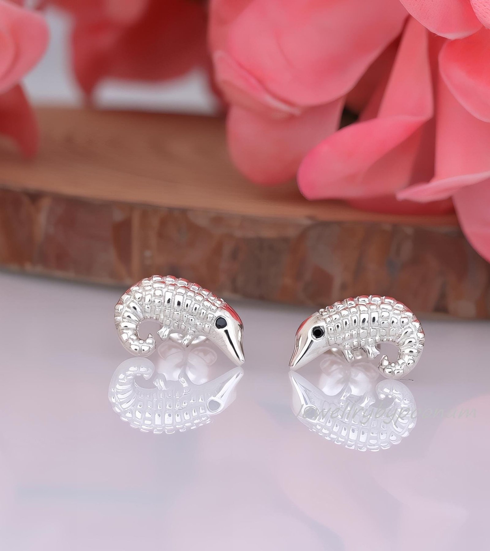 Sterling Silver Pangolin Stud Earrings, Dainty Wildlife Animal Jewelry - View 2 - Jewelry By Poonam | SKU: PJE1714-SLRHBS-10M Sterling Silver Pangolin Stud Earrings, Dainty Wildlife Animal Jewelry - View 2 - Jewelry By Poonam | SKU: PJE1714-SLRHBS-10M
