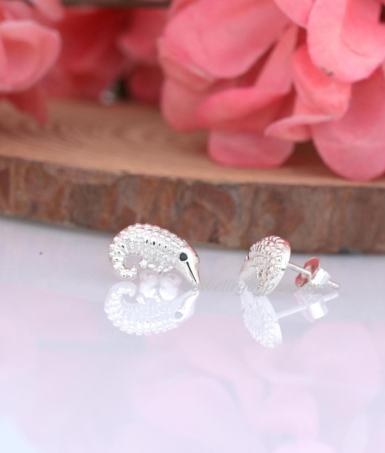 Sterling Silver Pangolin Stud Earrings, Dainty Wildlife Animal Jewelry - View 3 - Jewelry By Poonam | SKU: PJE1714-SLRHBS-10M Sterling Silver Pangolin Stud Earrings, Dainty Wildlife Animal Jewelry - View 3 - Jewelry By Poonam | SKU: PJE1714-SLRHBS-10M