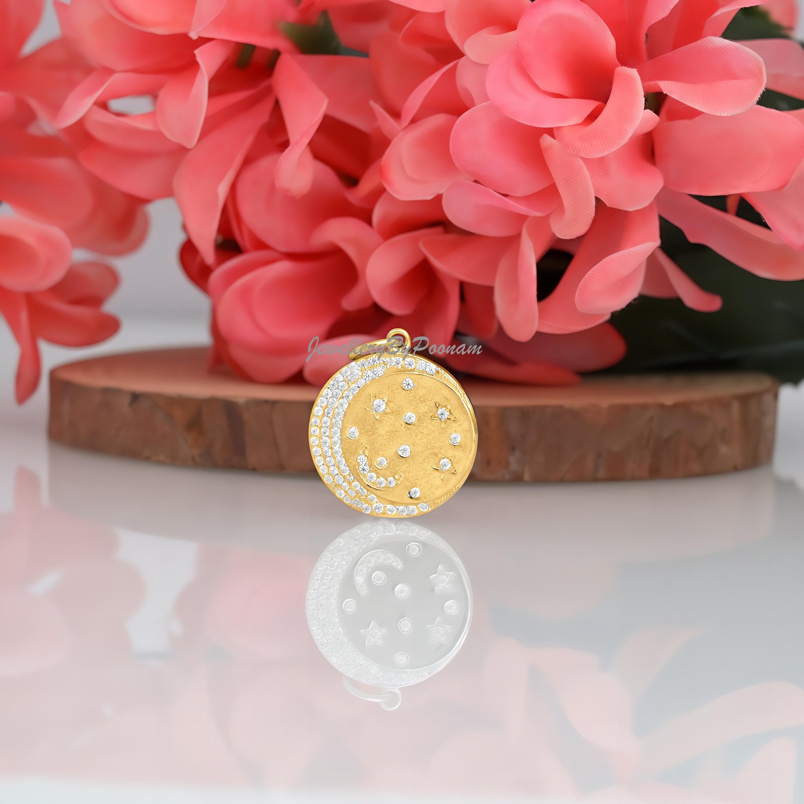 Sterling Silver Star Moon CZ Pendant: Celestial Disc Charm - Jewelry By Poonam | SKU: PJP-3415-SLNSCZ-30 2/26 Sterling Silver Star Moon CZ Pendant: Celestial Disc Charm - Jewelry By Poonam | SKU: PJP-3415-SLNSCZ-30 2/26