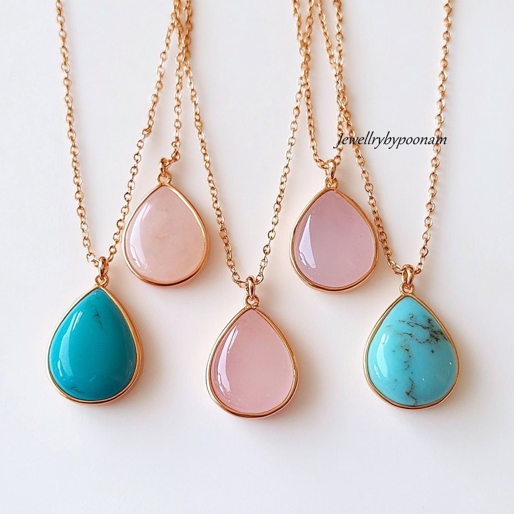 Sterling Silver Teardrop Pendant: Turquoise or Pink Opal, 20MM - Jewelry By Poonam | SKU: PJP- Sterling Silver Teardrop Pendant: Turquoise or Pink Opal, 20MM - Jewelry By Poonam | SKU: PJP-