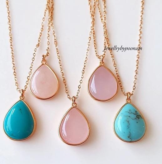 Sterling Silver Teardrop Pendant: Turquoise or Pink Opal, 20MM - View 2 - Jewelry By Poonam | SKU: PJP- Sterling Silver Teardrop Pendant: Turquoise or Pink Opal, 20MM - View 2 - Jewelry By Poonam | SKU: PJP-