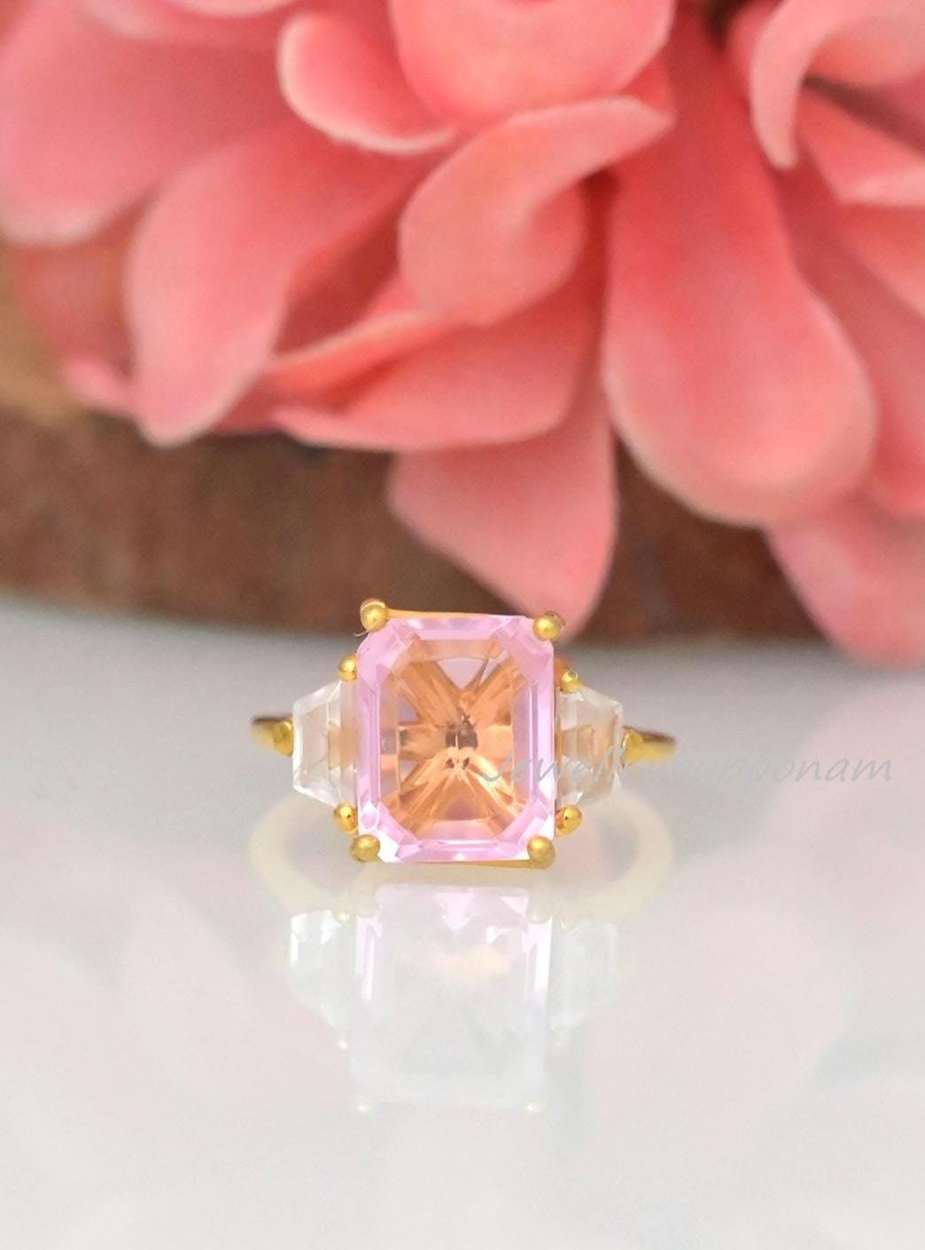 Sterling Silver Three Stone Morganite Engagement Ring - Emerald Cut - View 2 - Jewelry By Poonam | SKU: PJR2953-SLYGPCZWCZ-US Sterling Silver Three Stone Morganite Engagement Ring - Emerald Cut - View 2 - Jewelry By Poonam | SKU: PJR2953-SLYGPCZWCZ-US