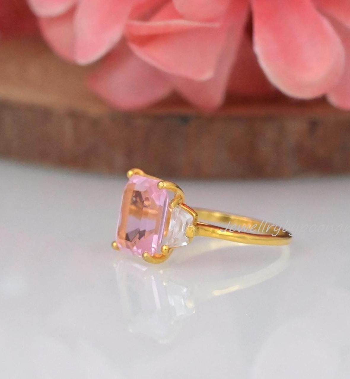 Sterling Silver Three Stone Morganite Engagement Ring - Emerald Cut - View 3 - Jewelry By Poonam | SKU: PJR2953-SLYGPCZWCZ-US Sterling Silver Three Stone Morganite Engagement Ring - Emerald Cut - View 3 - Jewelry By Poonam | SKU: PJR2953-SLYGPCZWCZ-US