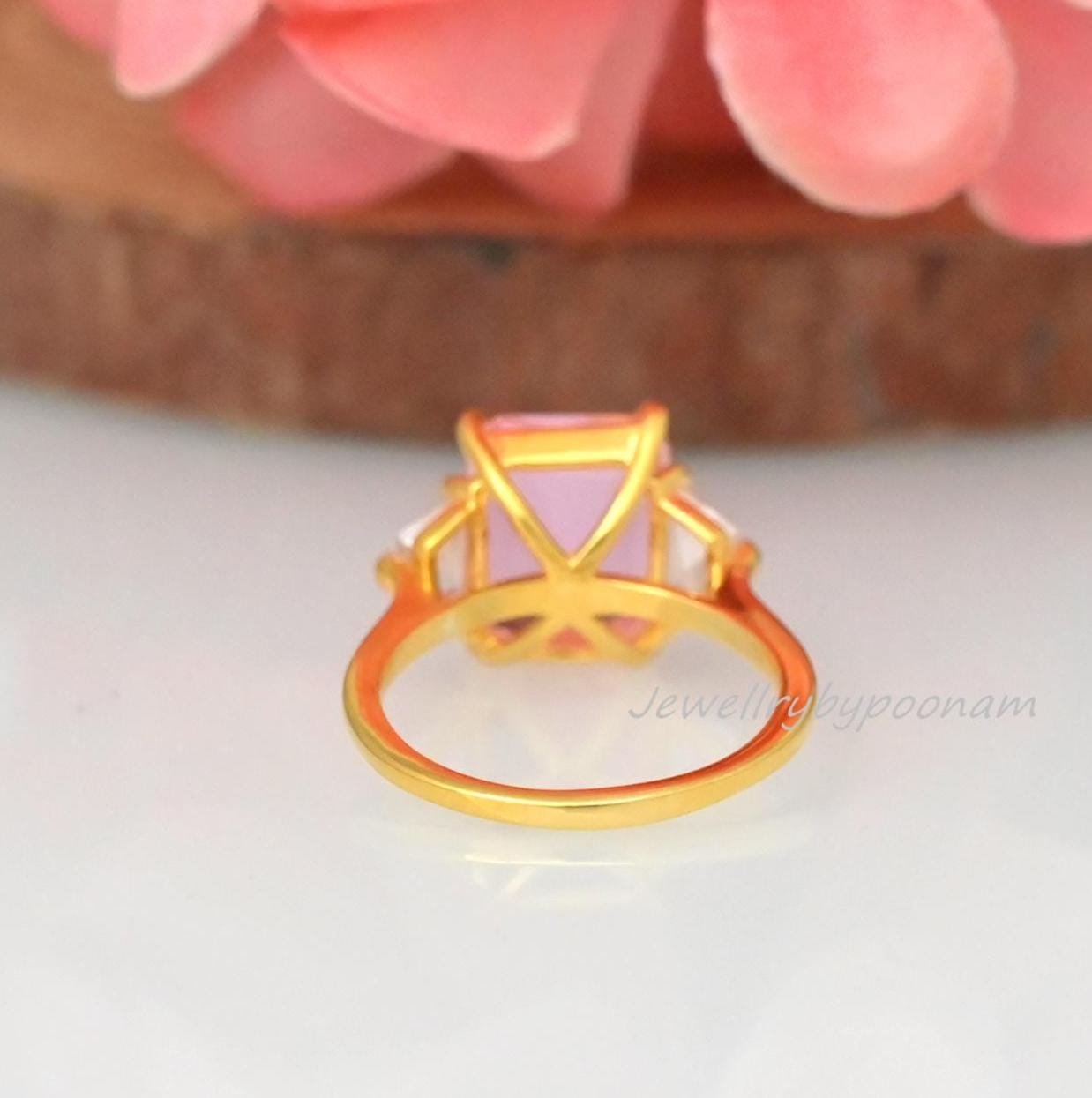 Sterling Silver Three Stone Morganite Engagement Ring - Emerald Cut - View 4 - Jewelry By Poonam | SKU: PJR2953-SLYGPCZWCZ-US Sterling Silver Three Stone Morganite Engagement Ring - Emerald Cut - View 4 - Jewelry By Poonam | SKU: PJR2953-SLYGPCZWCZ-US