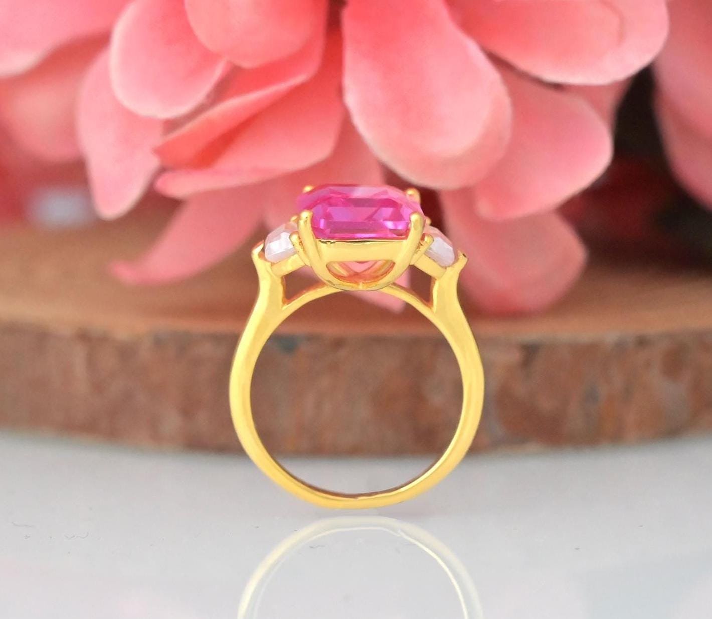 Sterling Silver Three Stone Morganite Engagement Ring - Emerald Cut - View 5 - Jewelry By Poonam | SKU: PJR2953-SLYGPCZWCZ-US Sterling Silver Three Stone Morganite Engagement Ring - Emerald Cut - View 5 - Jewelry By Poonam | SKU: PJR2953-SLYGPCZWCZ-US
