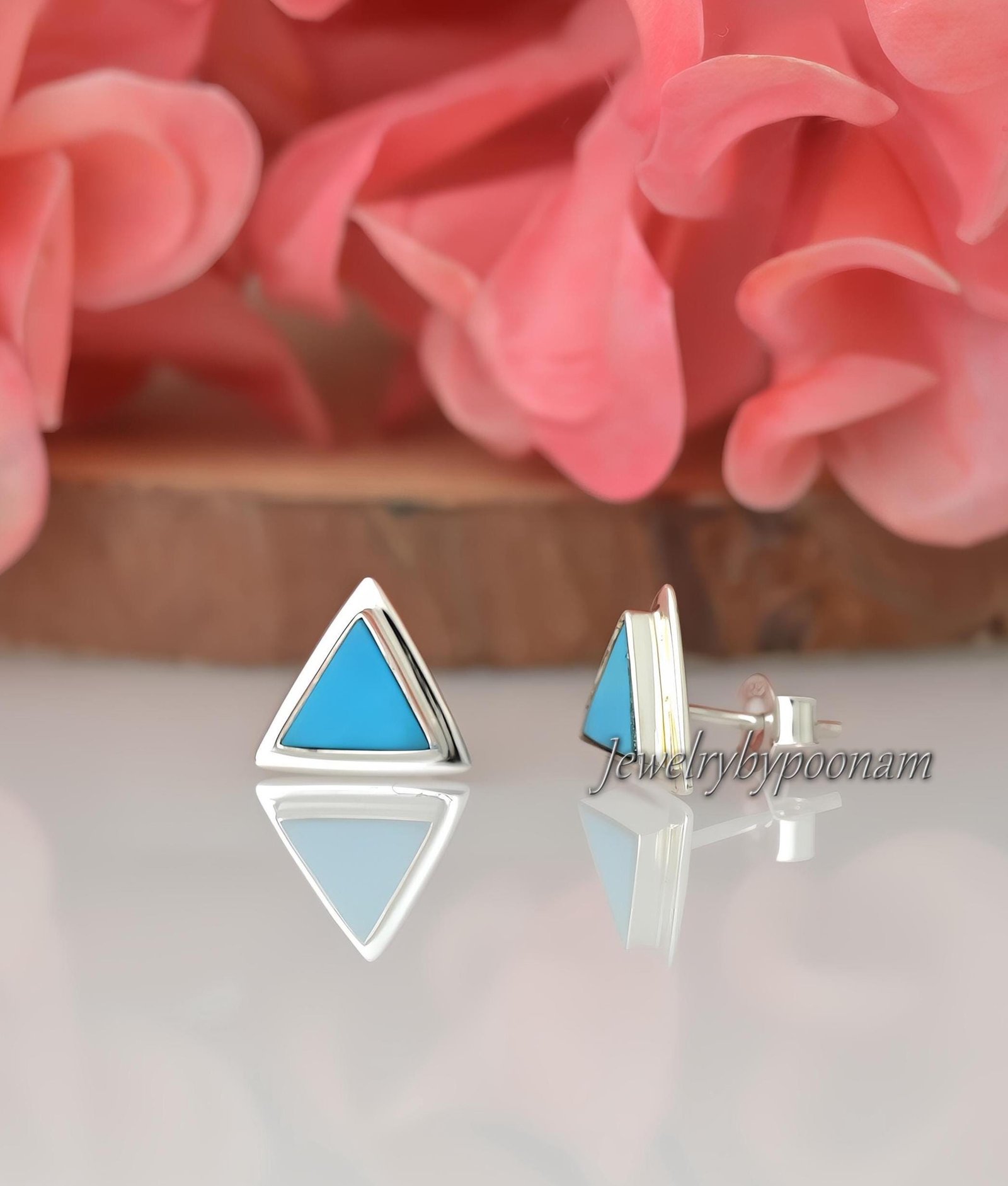 Sterling Silver Turquoise Triangle Stud Earrings: 10mm Gemstone Studs - Jewelry By Poonam | SKU: PJE1861-SLNSTQ-10M 2/2026 Sterling Silver Turquoise Triangle Stud Earrings: 10mm Gemstone Studs - Jewelry By Poonam | SKU: PJE1861-SLNSTQ-10M 2/2026