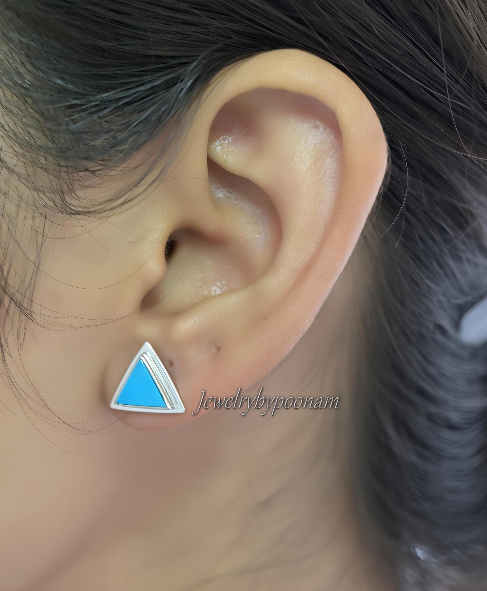 Sterling Silver Turquoise Triangle Stud Earrings: 10mm Gemstone Studs - View 2 - Jewelry By Poonam | SKU: PJE1861-SLNSTQ-10M Sterling Silver Turquoise Triangle Stud Earrings: 10mm Gemstone Studs - View 2 - Jewelry By Poonam | SKU: PJE1861-SLNSTQ-10M
