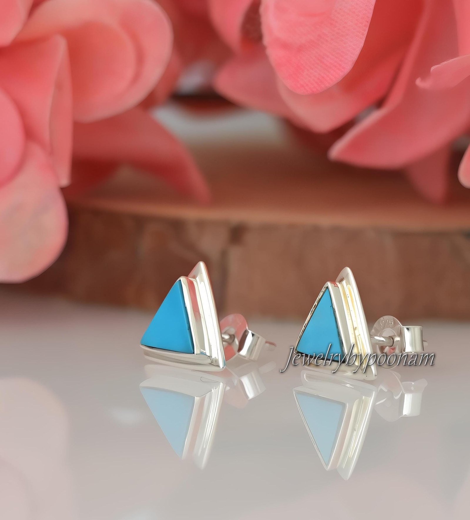 Sterling Silver Turquoise Triangle Stud Earrings: 10mm Gemstone Studs - View 3 - Jewelry By Poonam | SKU: PJE1861-SLNSTQ-10M Sterling Silver Turquoise Triangle Stud Earrings: 10mm Gemstone Studs - View 3 - Jewelry By Poonam | SKU: PJE1861-SLNSTQ-10M