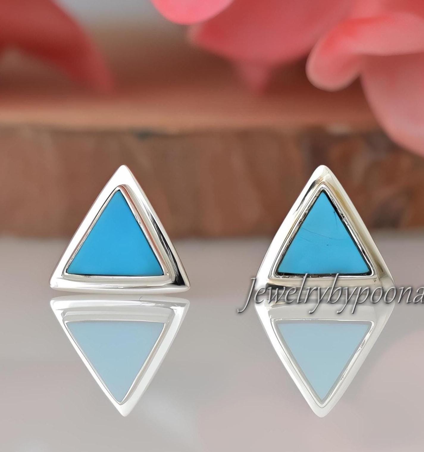 Sterling Silver Turquoise Triangle Stud Earrings: 10mm Gemstone Studs - View 4 - Jewelry By Poonam | SKU: PJE1861-SLNSTQ-10M Sterling Silver Turquoise Triangle Stud Earrings: 10mm Gemstone Studs - View 4 - Jewelry By Poonam | SKU: PJE1861-SLNSTQ-10M
