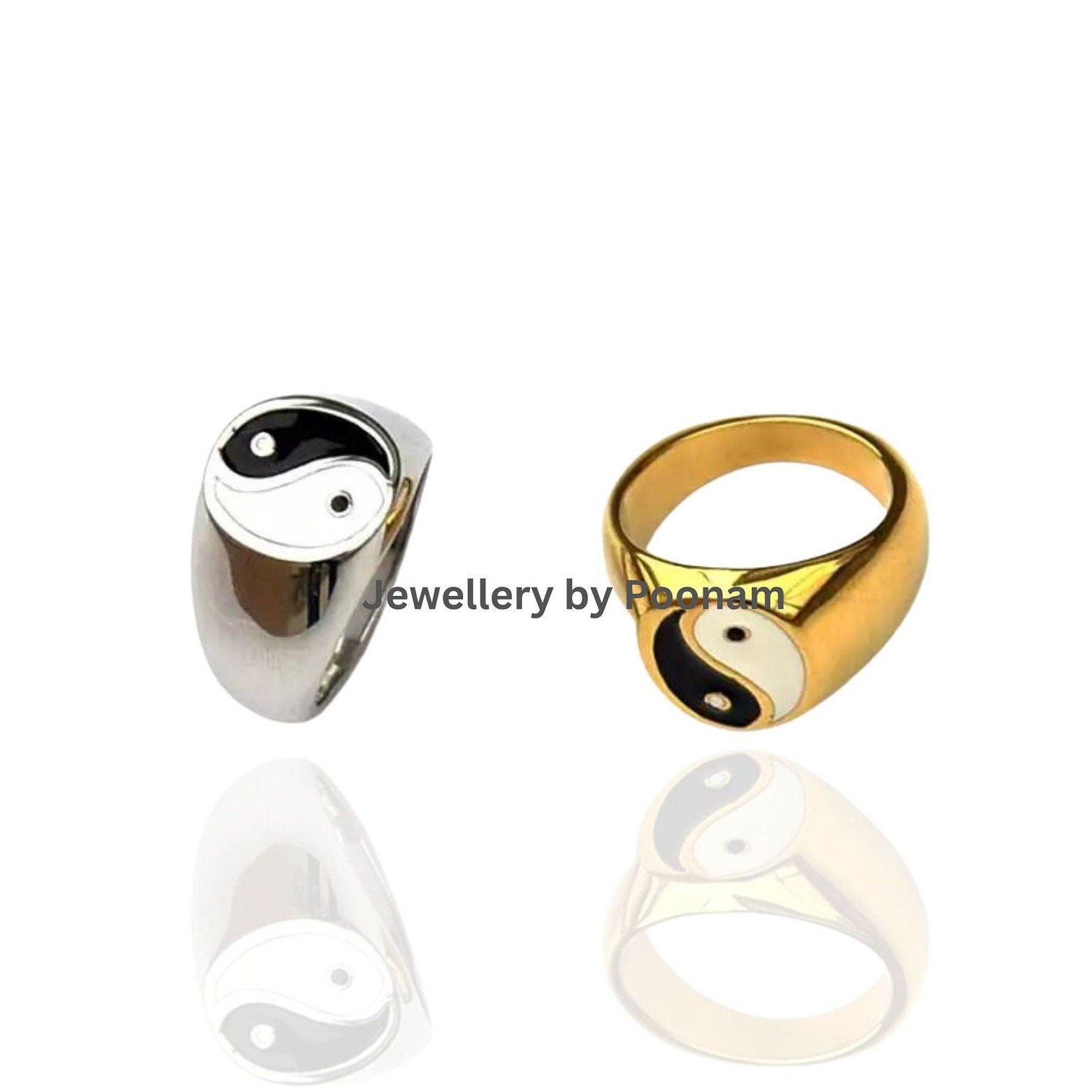 Sterling Silver Yin Yang Signet Ring - Black & White Band - Jewelry By Poonam | SKU: R-1019 Sterling Silver Yin Yang Signet Ring - Black & White Band - Jewelry By Poonam | SKU: R-1019