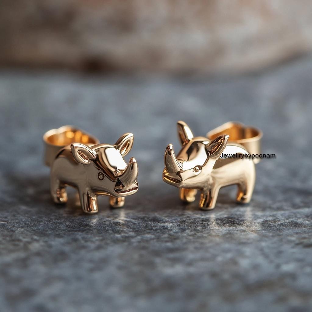 Tiny Rhino Stud Earrings in 925 Sterling Silver — Handmade Rhinoceros Earrings - View 3 - Jewelry By Poonam | SKU: PJE1693-SL Tiny Rhino Stud Earrings in 925 Sterling Silver — Handmade Rhinoceros Earrings - View 3 - Jewelry By Poonam | SKU: PJE1693-SL