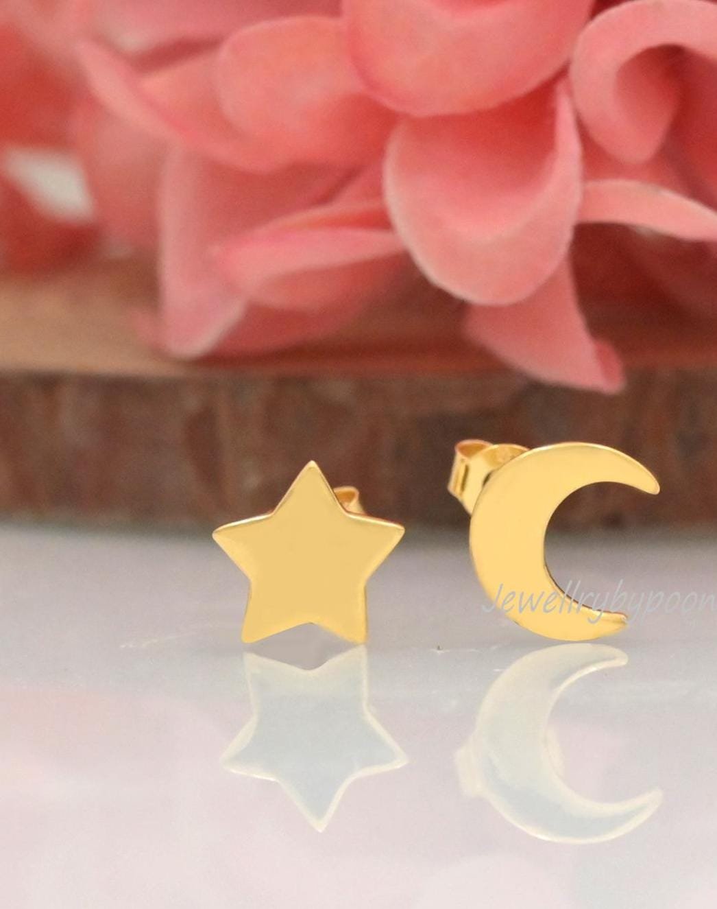 Tiny Star & Moon Stud Earrings in 925 Sterling Silver — Dainty Mismatched Pair - Jewelry By Poonam | SKU: PJE1789-SLYG-10M 2/ Tiny Star & Moon Stud Earrings in 925 Sterling Silver — Dainty Mismatched Pair - Jewelry By Poonam | SKU: PJE1789-SLYG-10M 2/