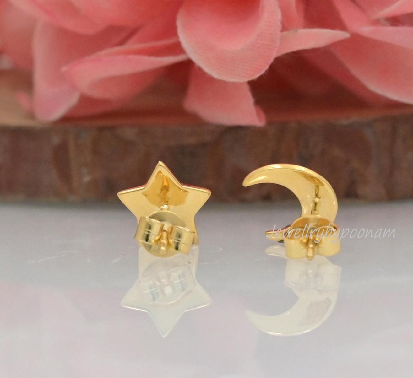 Tiny Star & Moon Stud Earrings in 925 Sterling Silver — Dainty Mismatched Pair - View 3 - Jewelry By Poonam | SKU: PJE1789-SL Tiny Star & Moon Stud Earrings in 925 Sterling Silver — Dainty Mismatched Pair - View 3 - Jewelry By Poonam | SKU: PJE1789-SL