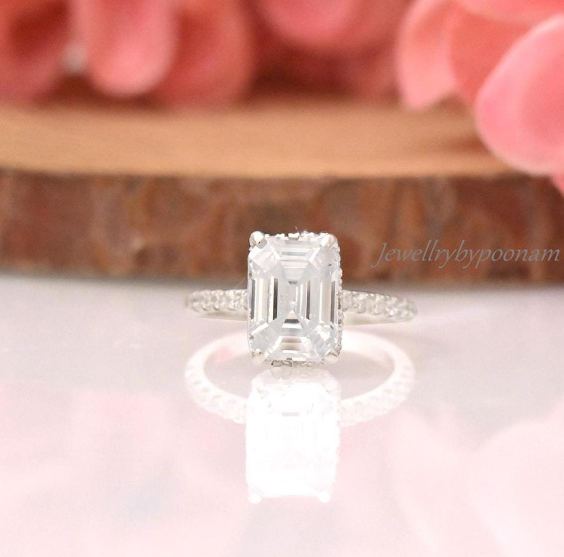 Yellow Gold Classic Emerald Cut Women's Engagement Ring in Sterling Silver - Jewelry By Poonam | SKU: PJR3174-SLNSCZ-US-5 Yellow Gold Classic Emerald Cut Women's Engagement Ring in Sterling Silver - Jewelry By Poonam | SKU: PJR3174-SLNSCZ-US-5