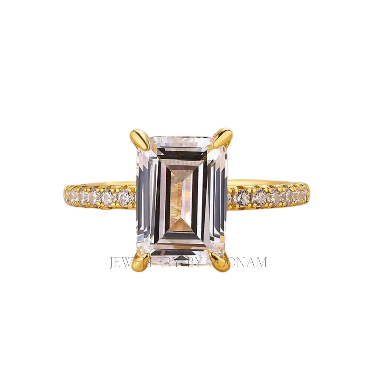 Yellow Gold Emerald Cut Moissanite 3PC Wedding Set - Sterling Silver Bridal Jewelry - View 2 - Jewelry By Poonam | SKU: R-120 Yellow Gold Emerald Cut Moissanite 3PC Wedding Set - Sterling Silver Bridal Jewelry - View 2 - Jewelry By Poonam | SKU: R-120