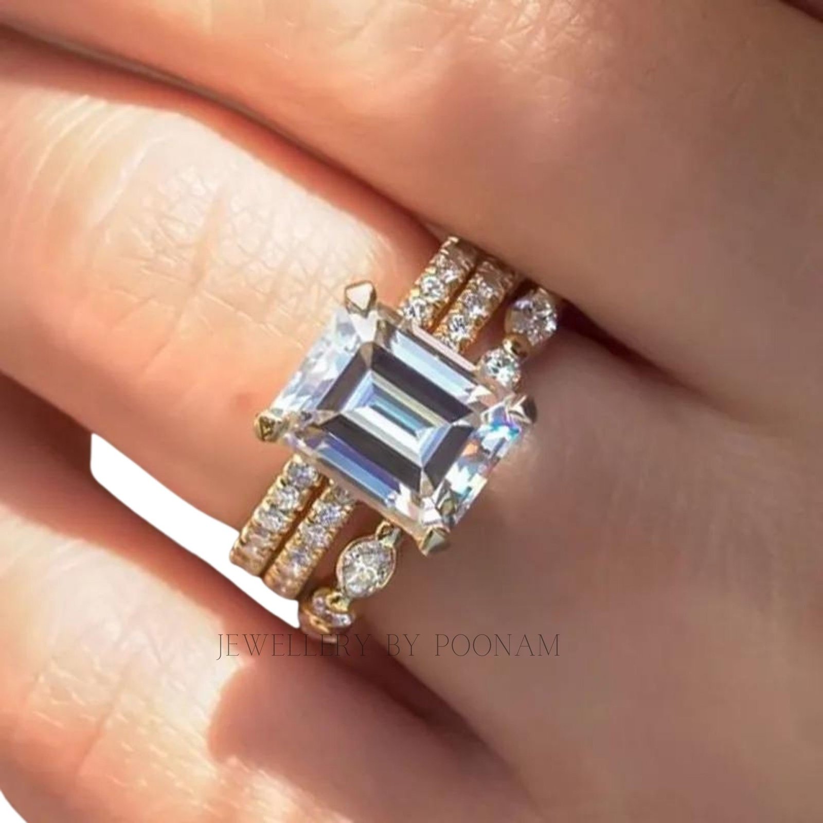 Yellow Gold Emerald Cut Moissanite 3PC Wedding Set - Sterling Silver Bridal Jewelry - View 3 - Jewelry By Poonam | SKU: R-120 Yellow Gold Emerald Cut Moissanite 3PC Wedding Set - Sterling Silver Bridal Jewelry - View 3 - Jewelry By Poonam | SKU: R-120