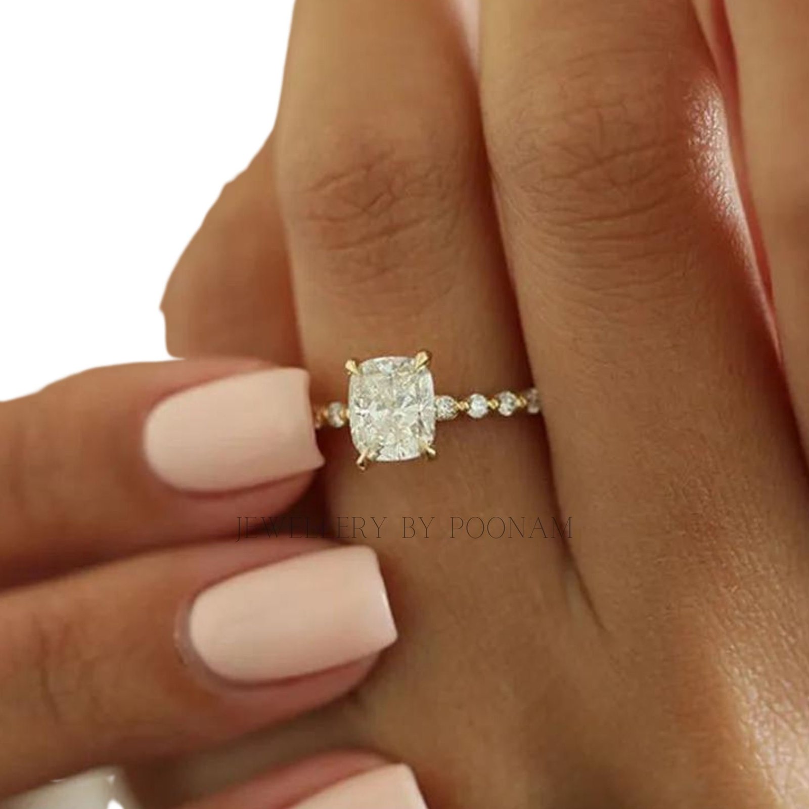Yellow Gold Moissanite Cushion Cut Engagement Ring - Sterling Silver - View 3 - Jewelry By Poonam | SKU: PJR3113-SLWGMN-US-7 Yellow Gold Moissanite Cushion Cut Engagement Ring - Sterling Silver - View 3 - Jewelry By Poonam | SKU: PJR3113-SLWGMN-US-7