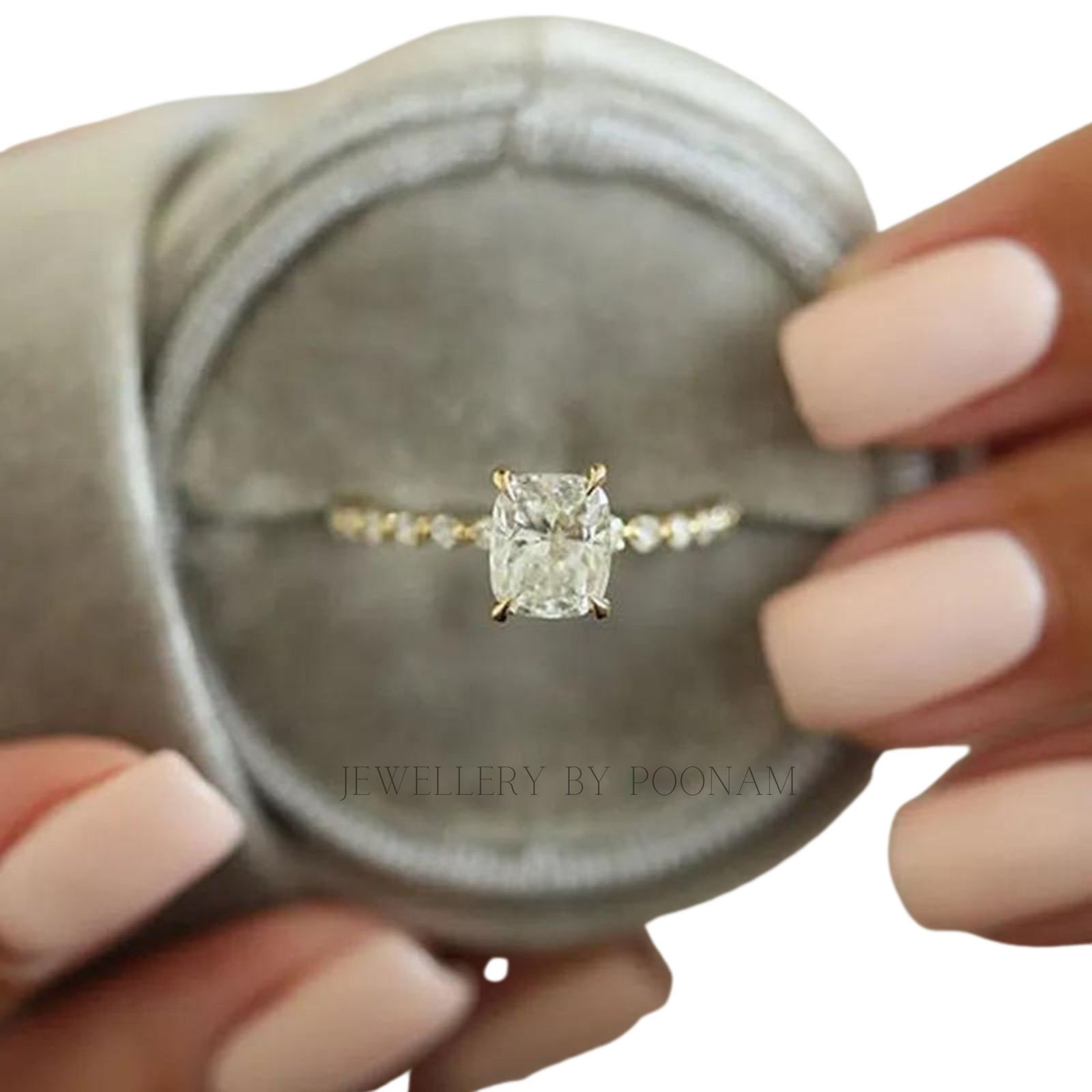 Yellow Gold Moissanite Cushion Cut Engagement Ring - Sterling Silver - View 4 - Jewelry By Poonam | SKU: PJR3113-SLWGMN-US-7 Yellow Gold Moissanite Cushion Cut Engagement Ring - Sterling Silver - View 4 - Jewelry By Poonam | SKU: PJR3113-SLWGMN-US-7