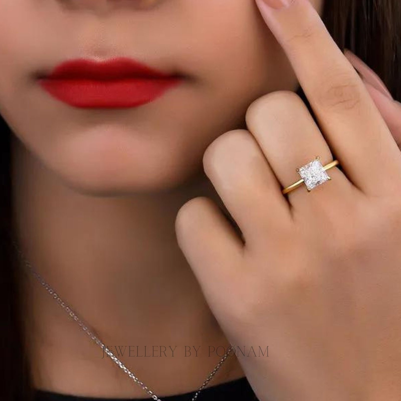 Yellow Gold Princess Cut Engagement Ring for Women in Sterling Silver - Affordable Elegance - View 2 - Jewelry By Poonam | SK Yellow Gold Princess Cut Engagement Ring for Women in Sterling Silver - Affordable Elegance - View 2 - Jewelry By Poonam | SK