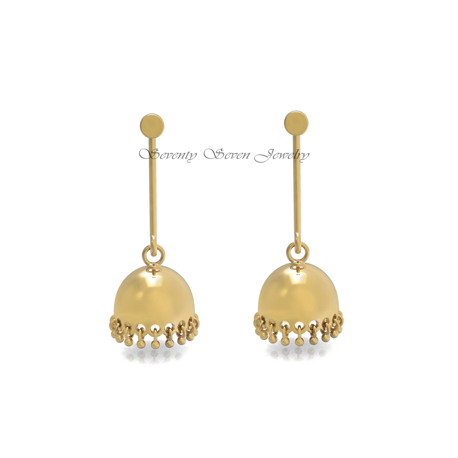 14K Gold Amodini Jhumka Earrings, Small 42mm Drop, Jewelry, Celestial Style - Seventy Seven Jewelry | SKU: SSMJE1573- 14K Gold Amodini Jhumka Earrings, Small 42mm Drop, Jewelry, Celestial Style - Seventy Seven Jewelry | SKU: SSMJE1573-