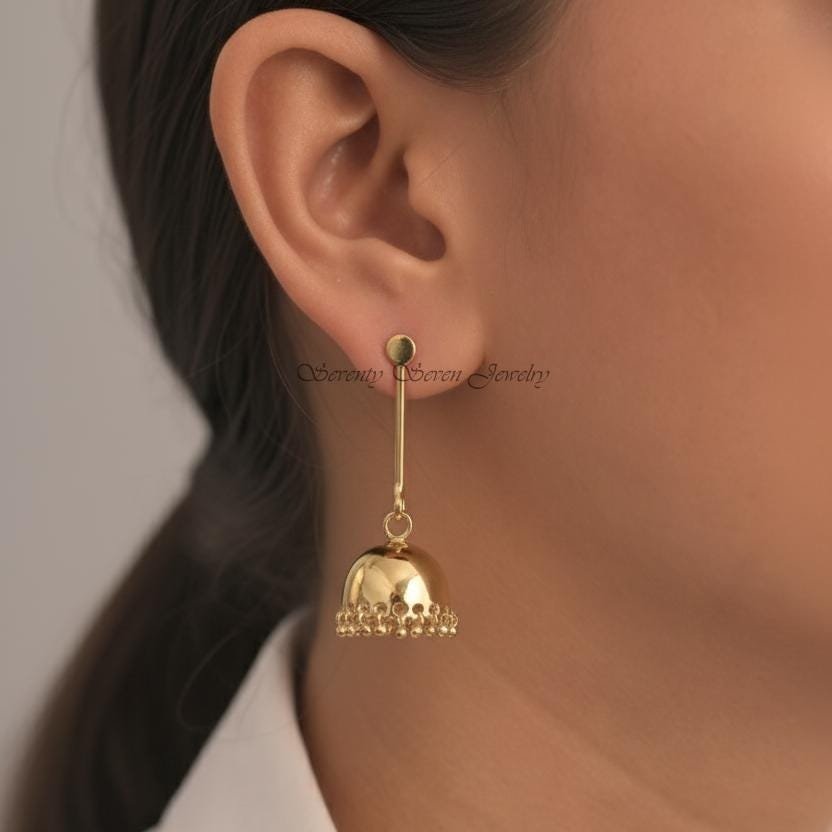14K Gold Amodini Jhumka Earrings, Small 42mm Drop, Jewelry, Celestial Style - View 2 - Seventy Seven Jewelry | SKU: SSMJE1573 14K Gold Amodini Jhumka Earrings, Small 42mm Drop, Jewelry, Celestial Style - View 2 - Seventy Seven Jewelry | SKU: SSMJE1573