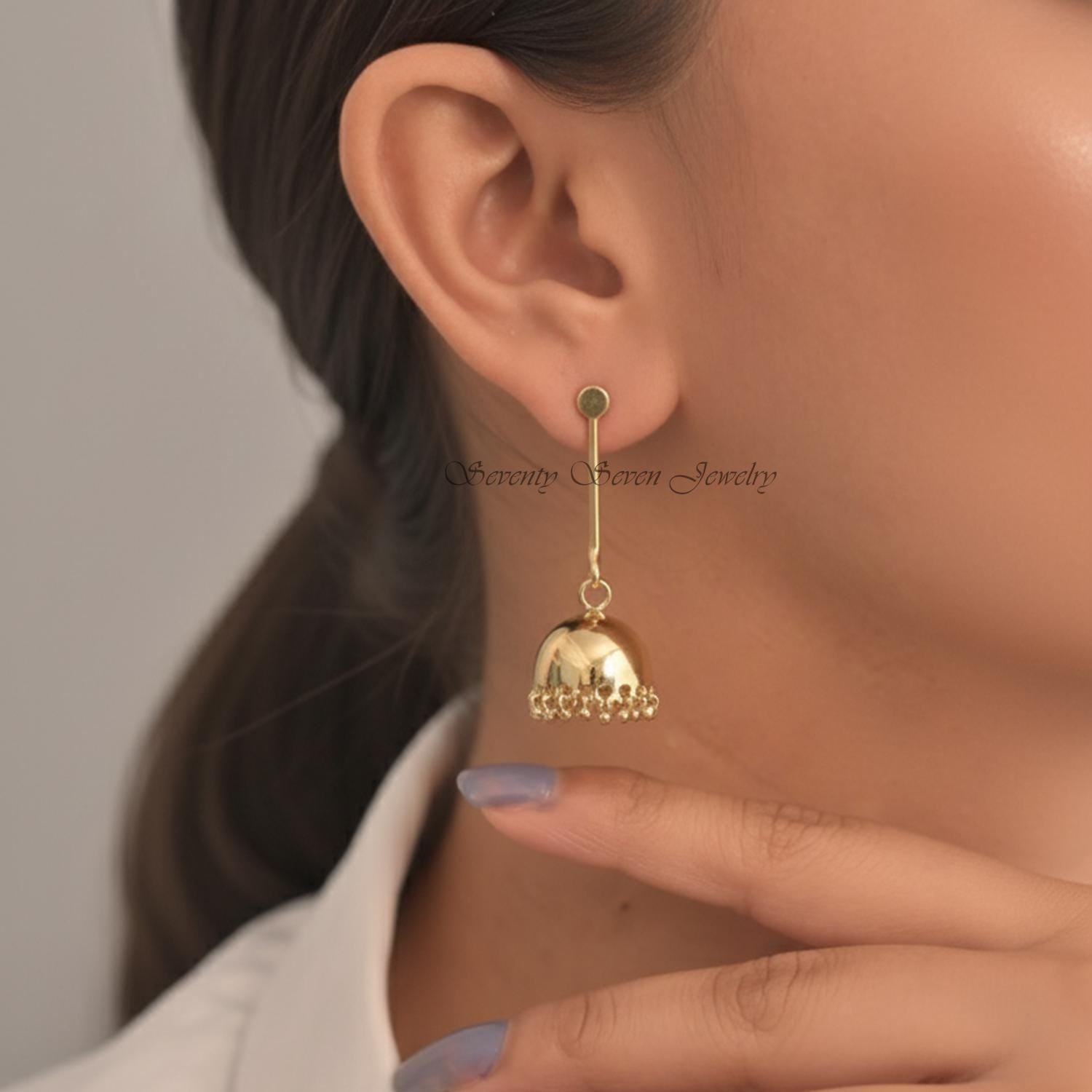 14K Gold Amodini Jhumka Earrings, Small 42mm Drop, Jewelry, Celestial Style - View 3 - Seventy Seven Jewelry | SKU: SSMJE1573 14K Gold Amodini Jhumka Earrings, Small 42mm Drop, Jewelry, Celestial Style - View 3 - Seventy Seven Jewelry | SKU: SSMJE1573