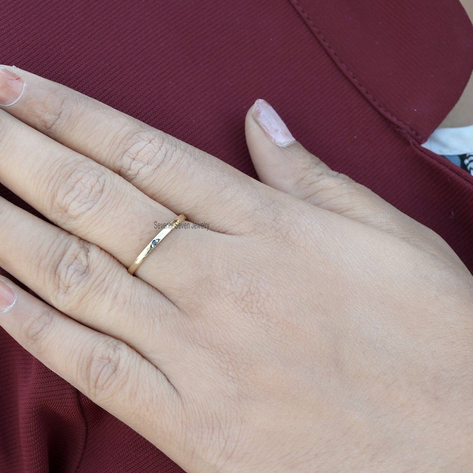 14K Gold Black Diamond Band: Dainty Stackable Ring - Seventy Seven Jewelry | SKU: SSMJR395-14KYGBDI-2026 14K Gold Black Diamond Band: Dainty Stackable Ring - Seventy Seven Jewelry | SKU: SSMJR395-14KYGBDI-2026