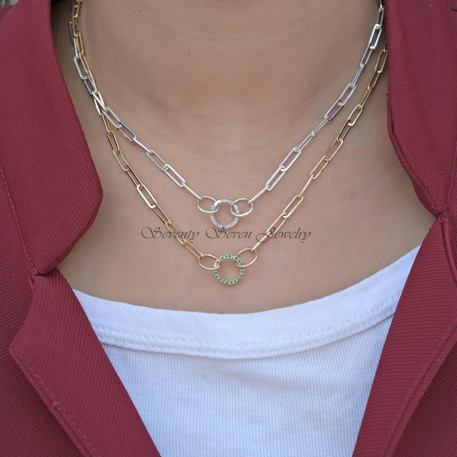 14k Gold Charm Holder Enhancer, Gemstone Paperclip Necklace - View 2 - Seventy Seven Jewelry | SKU: Select Item 14k Gold Charm Holder Enhancer, Gemstone Paperclip Necklace - View 2 - Seventy Seven Jewelry | SKU: Select Item