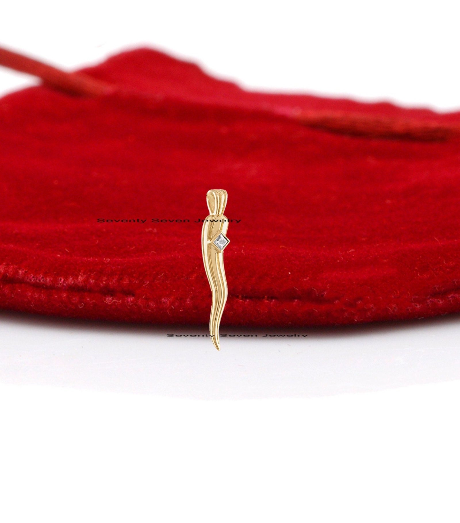 14k Gold Cornicello Horn Pendant: Italian Diamond Amulet - View 2 - Seventy Seven Jewelry | SKU: SSMJP1336-14KYGDI-2026 14k Gold Cornicello Horn Pendant: Italian Diamond Amulet - View 2 - Seventy Seven Jewelry | SKU: SSMJP1336-14KYGDI-2026