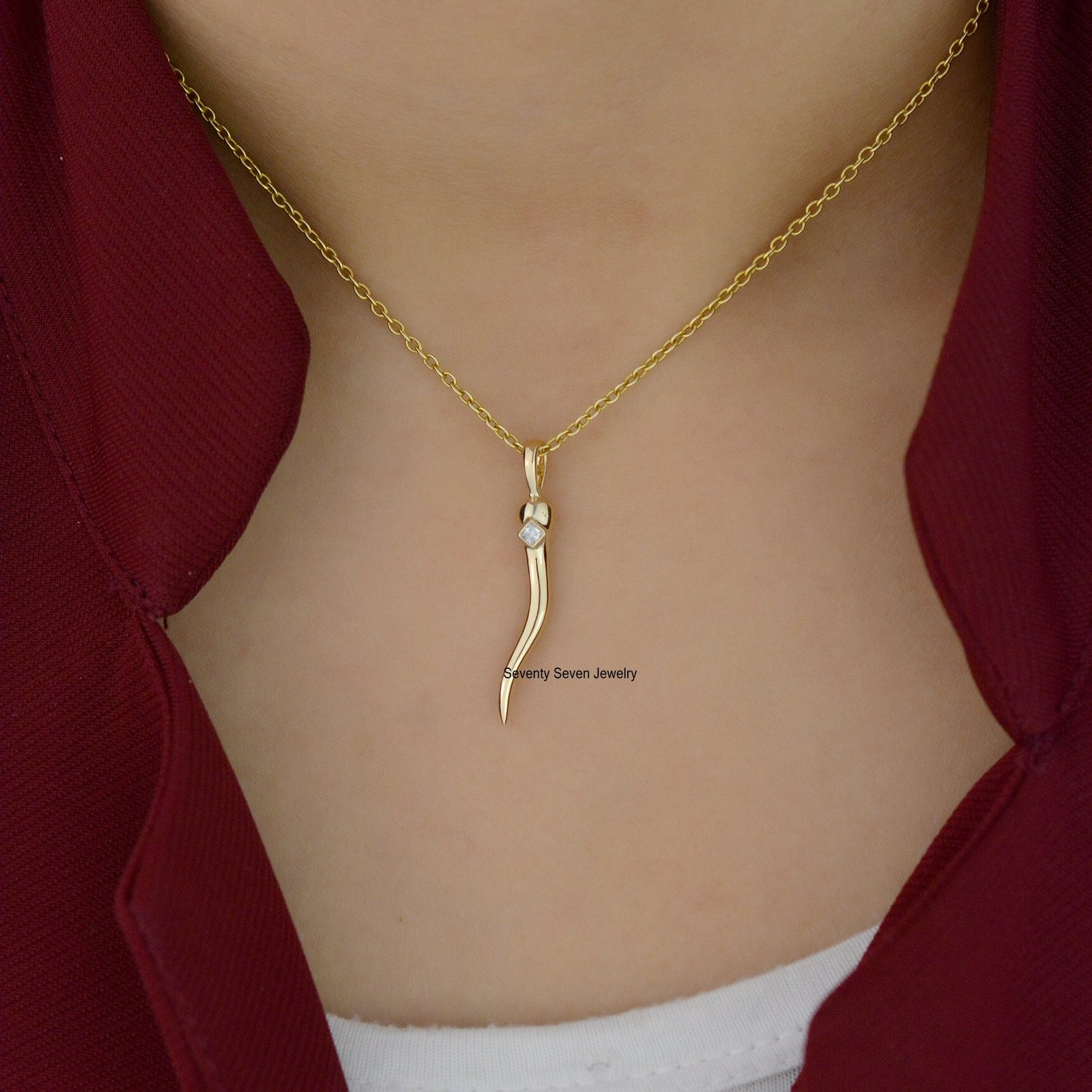 14k Gold Cornicello Horn Pendant: Italian Diamond Amulet - View 7 - Seventy Seven Jewelry | SKU: SSMJP1336-14KYGDI-2026 14k Gold Cornicello Horn Pendant: Italian Diamond Amulet - View 7 - Seventy Seven Jewelry | SKU: SSMJP1336-14KYGDI-2026