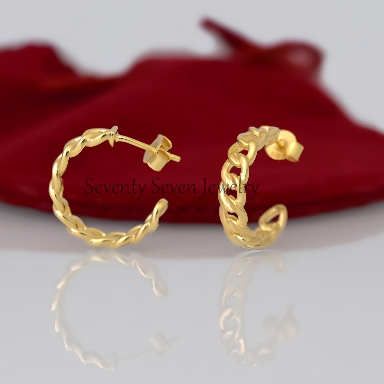 14K Gold Cuban Hoop Earrings: Curb Chain Studs - Seventy Seven Jewelry | SKU: SSMJE1849-SLYG-20M 14K Gold Cuban Hoop Earrings: Curb Chain Studs - Seventy Seven Jewelry | SKU: SSMJE1849-SLYG-20M