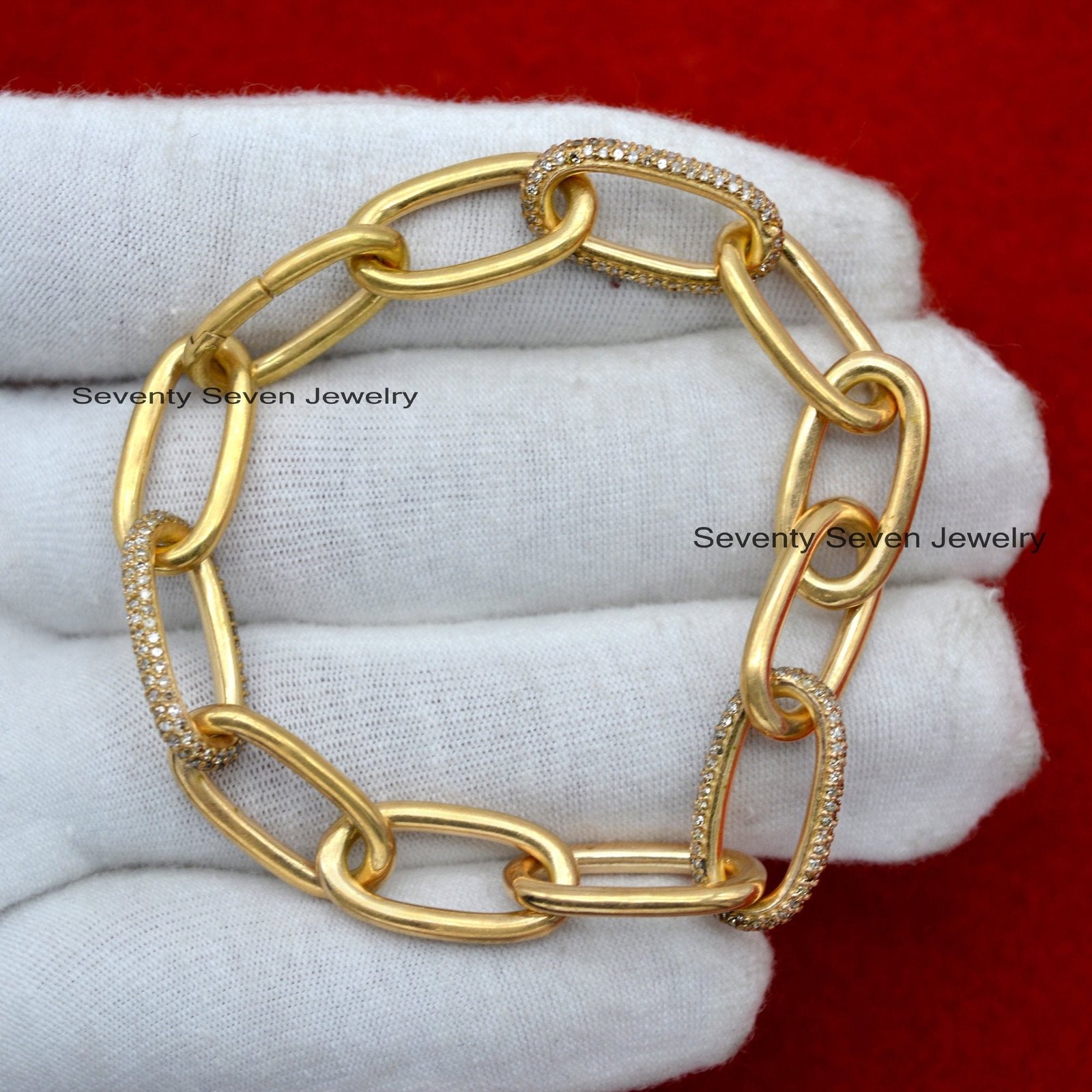 14K Gold Diamond Bracelet, Oval Link - View 2 - Seventy Seven Jewelry | SKU: SSMJA11-14KYGDI-7I-2026 14K Gold Diamond Bracelet, Oval Link - View 2 - Seventy Seven Jewelry | SKU: SSMJA11-14KYGDI-7I-2026
