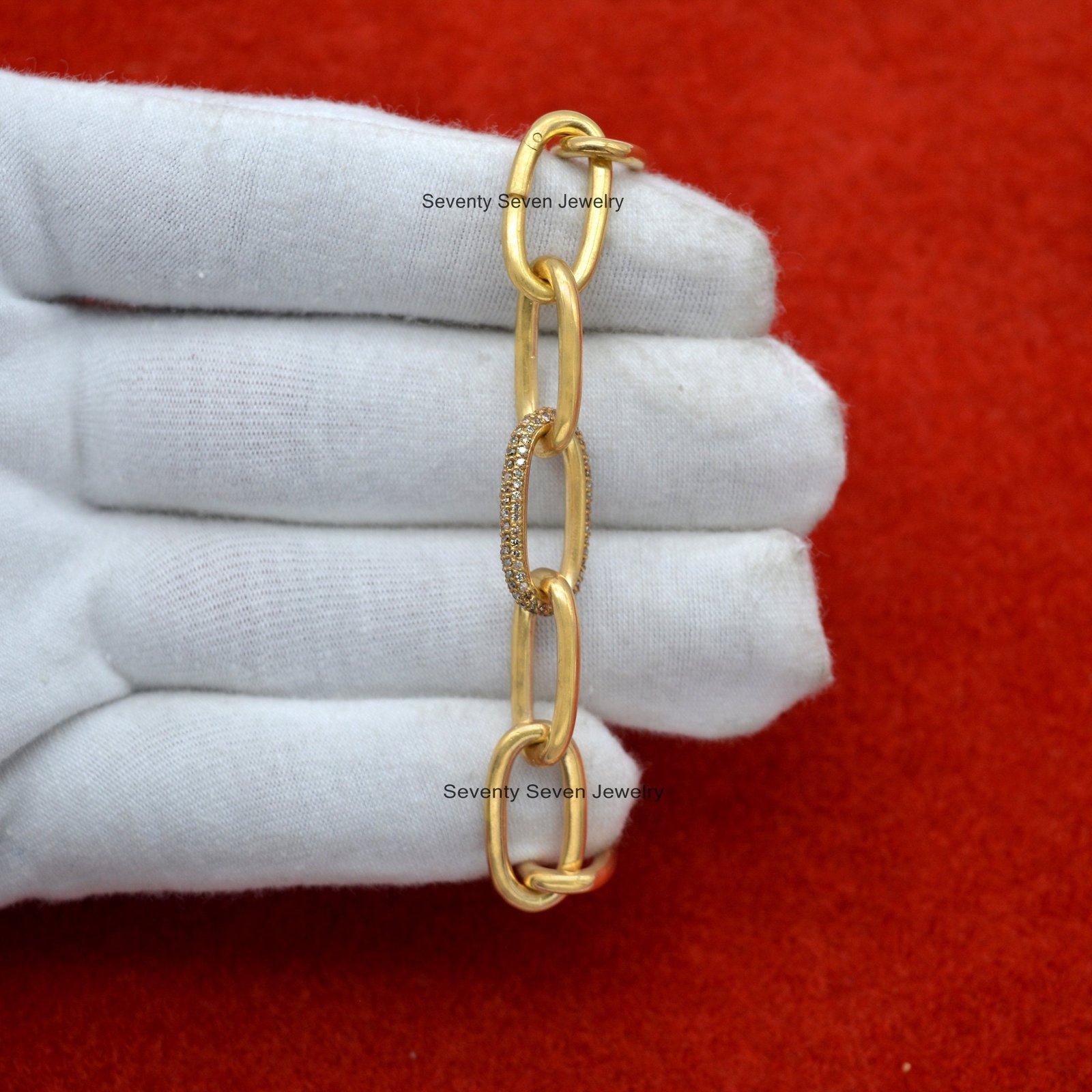 14K Gold Diamond Bracelet, Oval Link - View 3 - Seventy Seven Jewelry | SKU: SSMJA11-14KYGDI-7I-2026 14K Gold Diamond Bracelet, Oval Link - View 3 - Seventy Seven Jewelry | SKU: SSMJA11-14KYGDI-7I-2026
