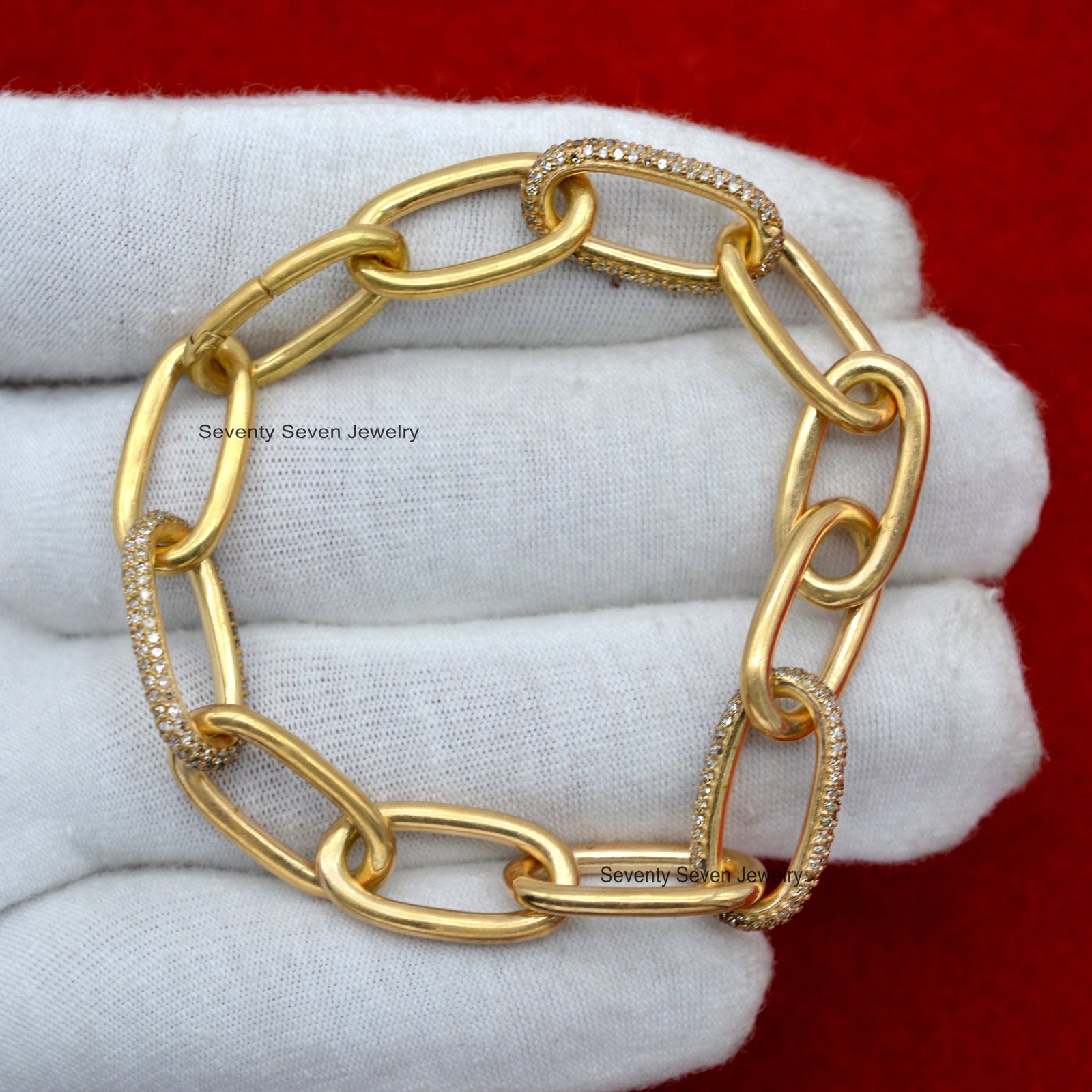 14K Gold Diamond Bracelet, Oval Link - View 4 - Seventy Seven Jewelry | SKU: SSMJA11-14KYGDI-7I-2026 14K Gold Diamond Bracelet, Oval Link - View 4 - Seventy Seven Jewelry | SKU: SSMJA11-14KYGDI-7I-2026