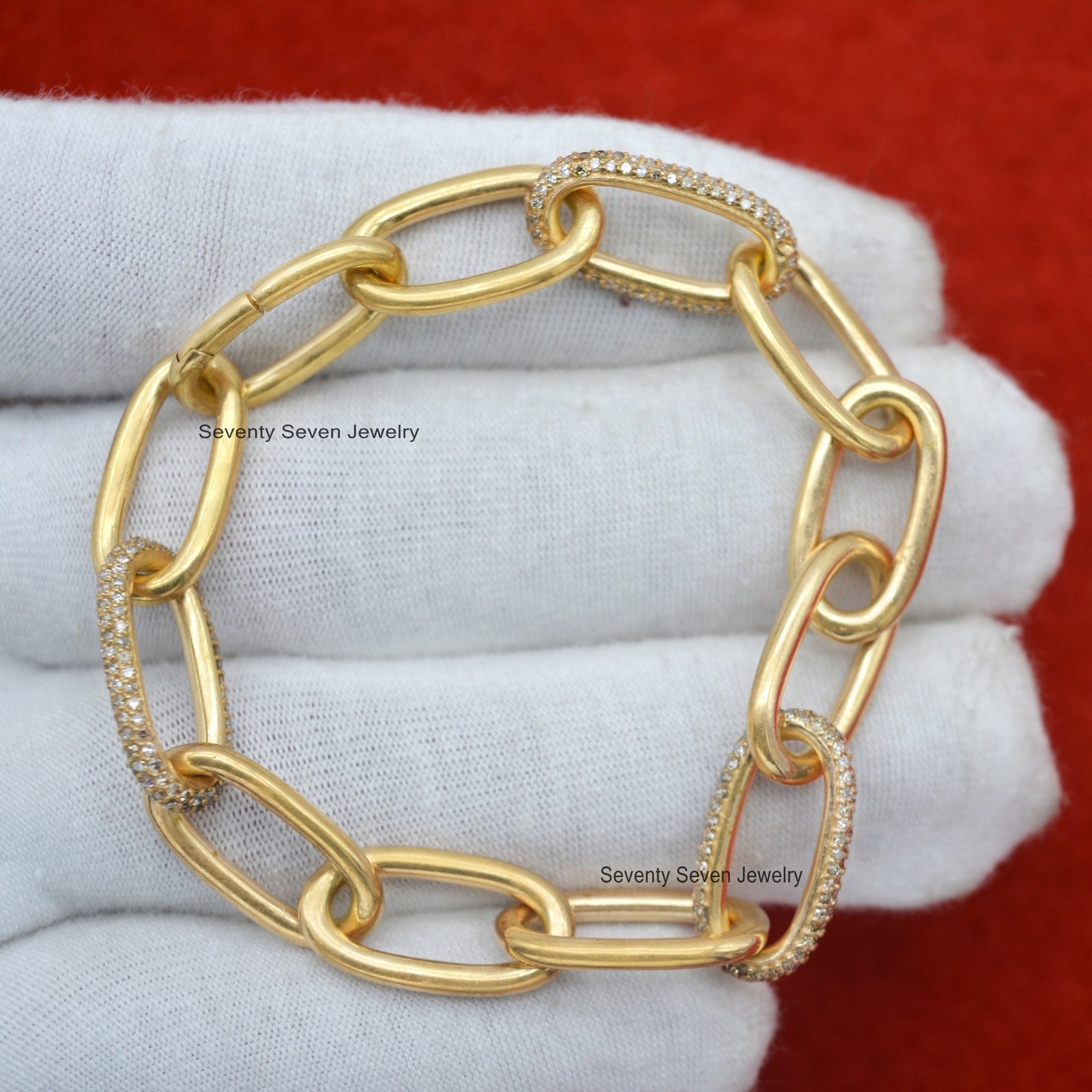 14K Gold Diamond Bracelet, Oval Link - View 7 - Seventy Seven Jewelry | SKU: SSMJA11-14KYGDI-7I-2026 14K Gold Diamond Bracelet, Oval Link - View 7 - Seventy Seven Jewelry | SKU: SSMJA11-14KYGDI-7I-2026