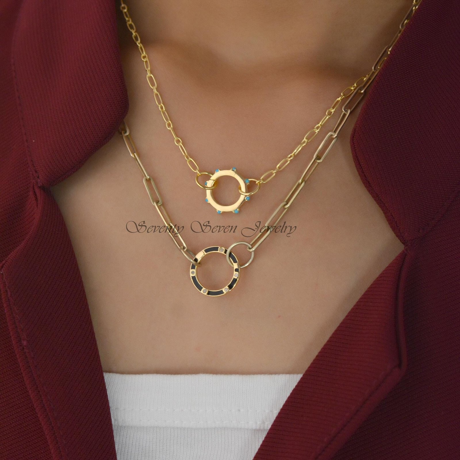 14K Gold Diamond Enamel Charm Enhancer: Round Lock Holder - View 2 - Seventy Seven Jewelry | SKU: SSMJH784-14KYGDIELBK-2026 14K Gold Diamond Enamel Charm Enhancer: Round Lock Holder - View 2 - Seventy Seven Jewelry | SKU: SSMJH784-14KYGDIELBK-2026