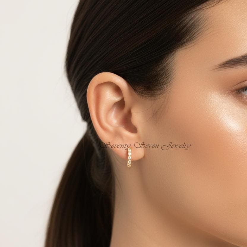 14K Gold Diamond Hoop Huggies, Minimalist Jewelry, Lab-Created SI GH Diamonds - View 2 - Seventy Seven Jewelry | SKU: SSMJE90 14K Gold Diamond Hoop Huggies, Minimalist Jewelry, Lab-Created SI GH Diamonds - View 2 - Seventy Seven Jewelry | SKU: SSMJE90
