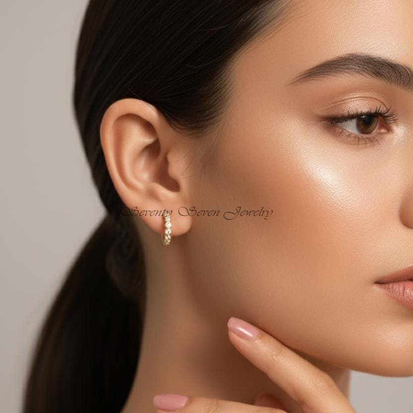 14K Gold Diamond Hoop Huggies, Minimalist Jewelry, Lab-Created SI GH Diamonds - View 3 - Seventy Seven Jewelry | SKU: SSMJE90 14K Gold Diamond Hoop Huggies, Minimalist Jewelry, Lab-Created SI GH Diamonds - View 3 - Seventy Seven Jewelry | SKU: SSMJE90