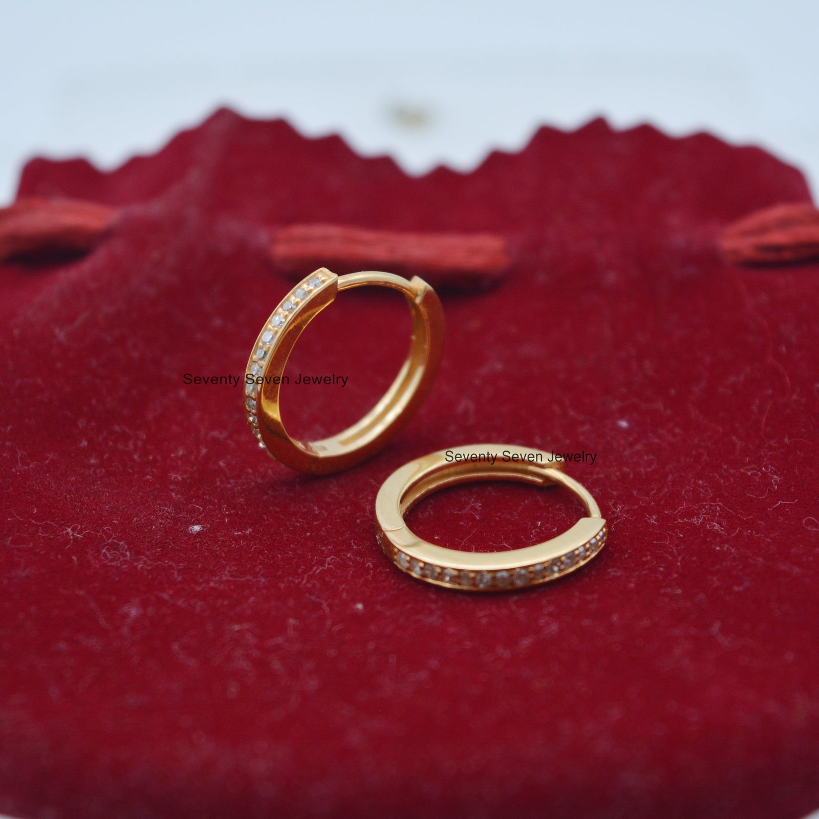 14K Gold Diamond Hoop Huggies: Turquoise Gemstone Earrings (17 MM) - View 5 - Seventy Seven Jewelry | SKU: SSMJE302-14KYGDI-2 14K Gold Diamond Hoop Huggies: Turquoise Gemstone Earrings (17 MM) - View 5 - Seventy Seven Jewelry | SKU: SSMJE302-14KYGDI-2
