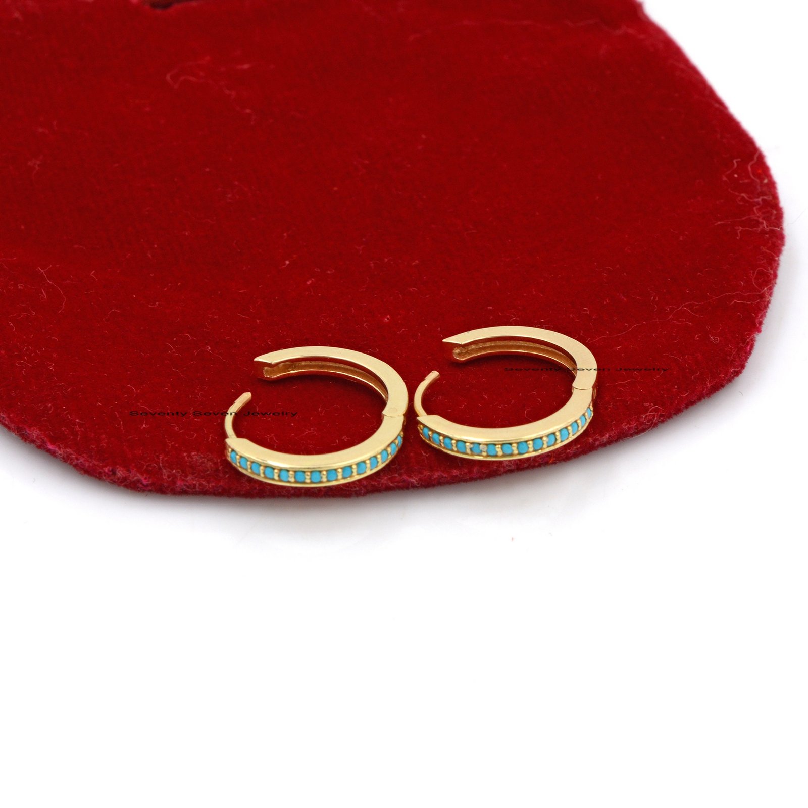 14K Gold Diamond Hoop Huggies: Turquoise Gemstone Earrings (17 MM) - View 6 - Seventy Seven Jewelry | SKU: SSMJE302-14KYGDI-2 14K Gold Diamond Hoop Huggies: Turquoise Gemstone Earrings (17 MM) - View 6 - Seventy Seven Jewelry | SKU: SSMJE302-14KYGDI-2