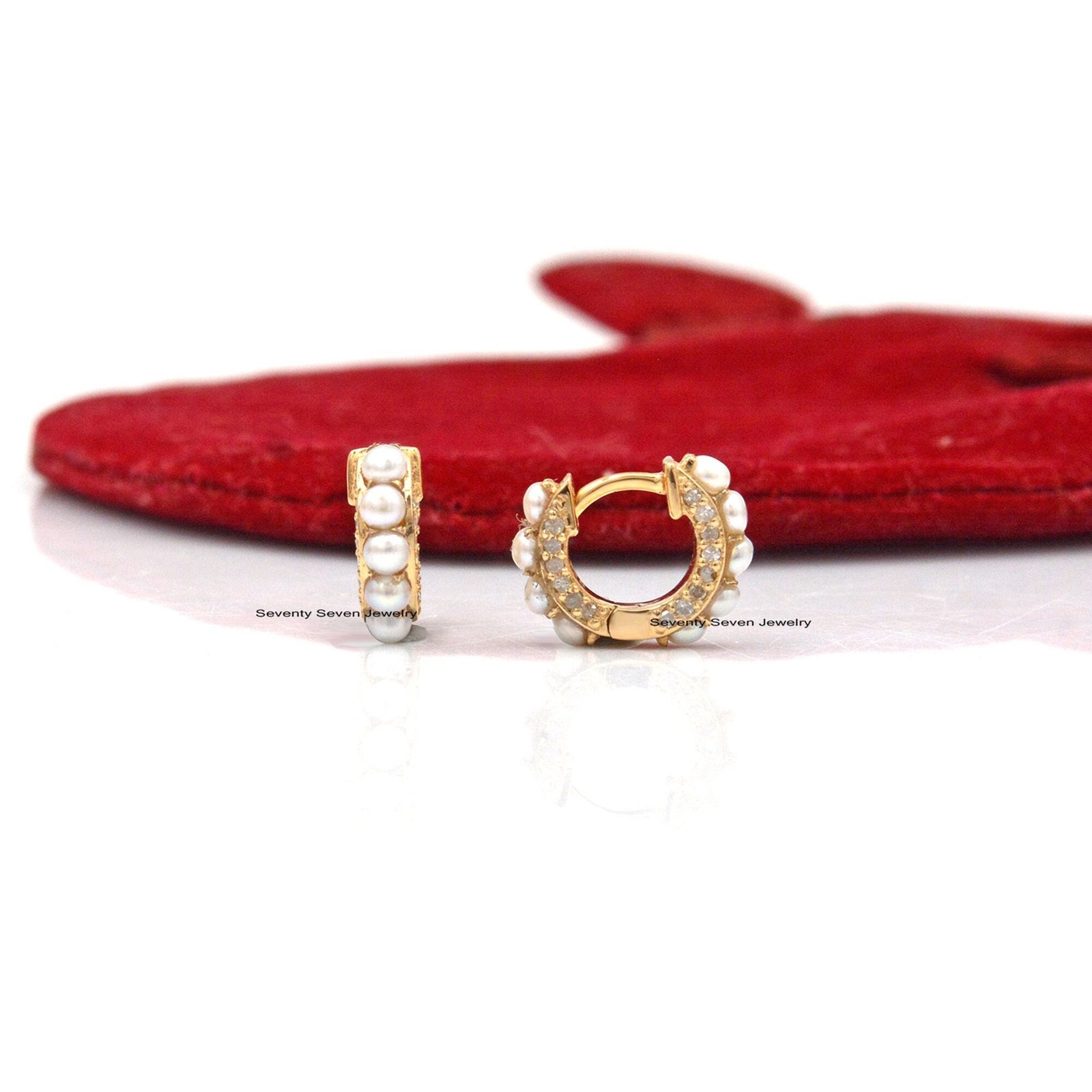 14K Gold Diamond Huggies: Pearl Hoop Earrings - Seventy Seven Jewelry | SKU: SSMJE333-14KYGDIPL-2026 14K Gold Diamond Huggies: Pearl Hoop Earrings - Seventy Seven Jewelry | SKU: SSMJE333-14KYGDIPL-2026